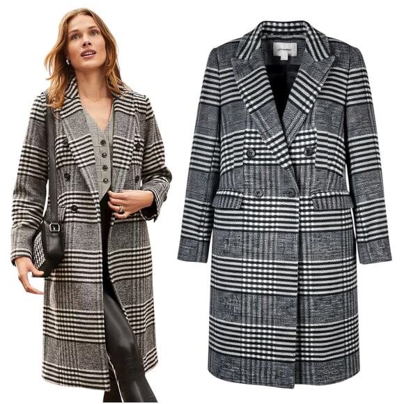 Ann Taylor LOFT Plaid Wool Double Breasted Coat Black White Size M - Picture 2 of 12